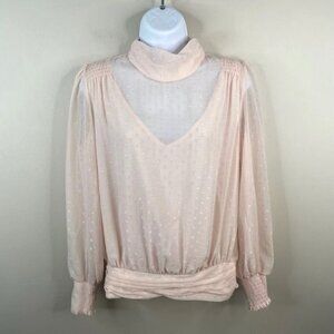 WHBM High Neck Top Womens 6 Coquette Smocked Romantic Swiss Dot Dainty Blouse